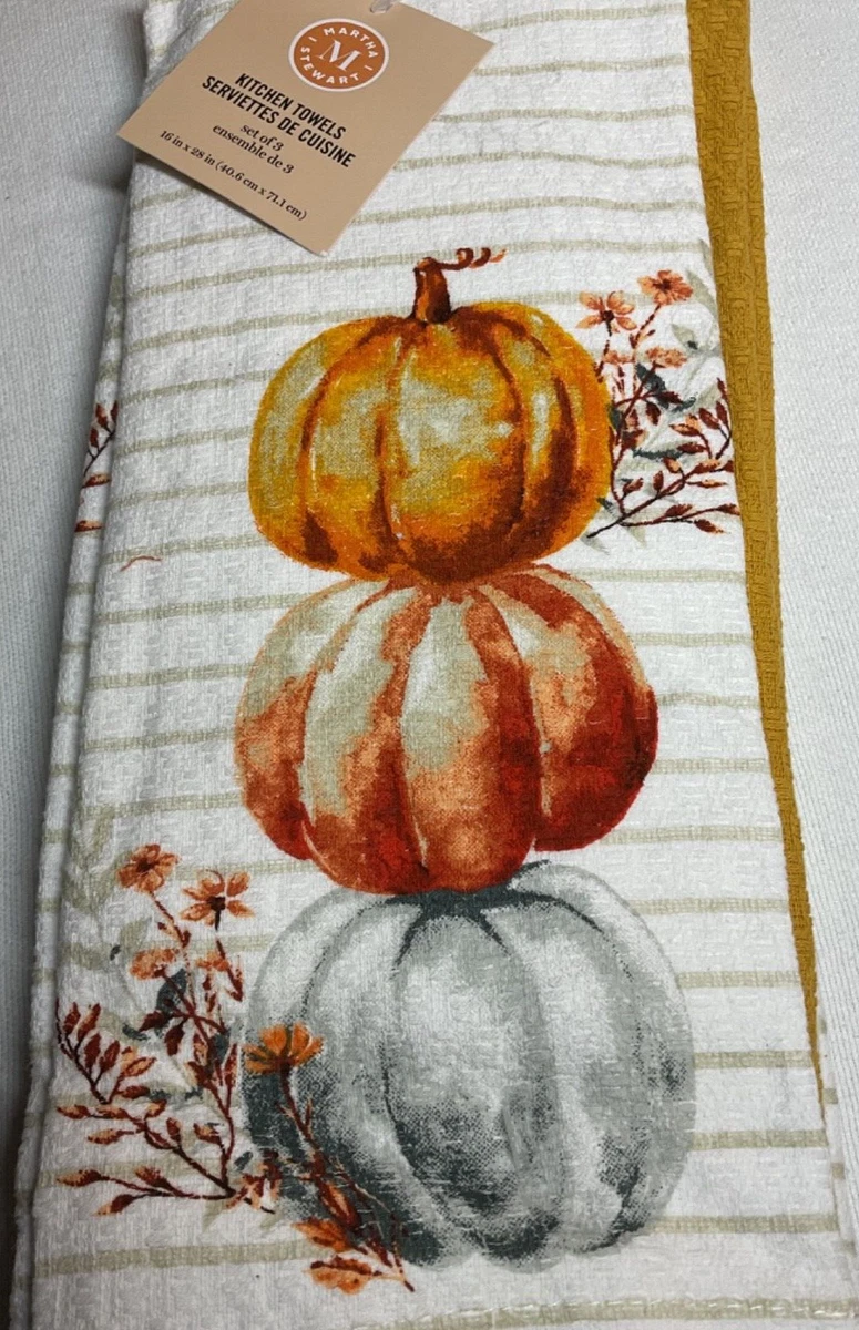 MARTHA STEWART KITCHEN TOWELS (3) PUMPKINS ORANGE GRAY GOLD 100% COTTON NWT