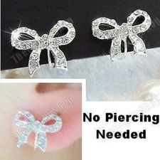 U CLIP ON studs CRYSTAL BOW EARRINGS rhinestone NON-PIERCED STUDS silver plated