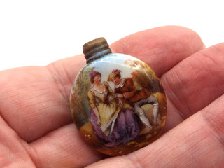 Tiny Miniature Antique Ceramic Hand Painted Perfume Bottle No Lid Wattau Scene