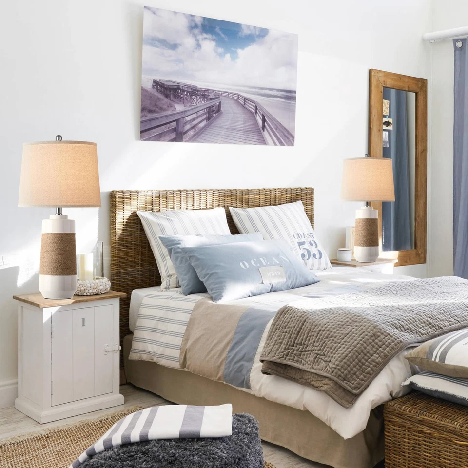 Abajures brancos boho de cerâmica com corda para sala de estar conjunto de 2 rattan náutico C... - Imagem 4 de 4