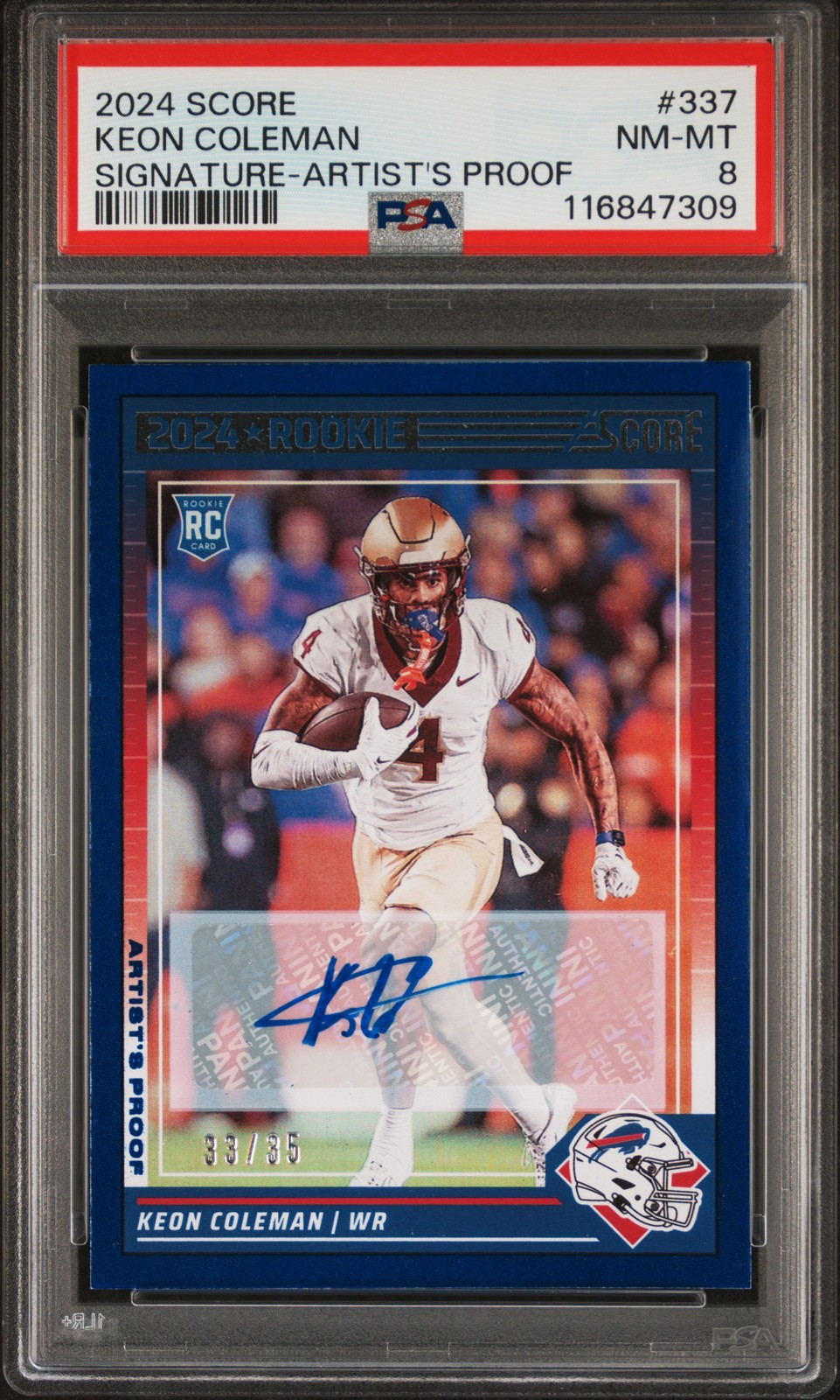 2024 PANINI SCORE SIGNATURE-ARTIST'S PROOF #337 KEON COLEMAN 33/35 PSA 8