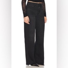 Good American Good Ease Jeans black raw hem wide leg mid rise relaxed everyday 8