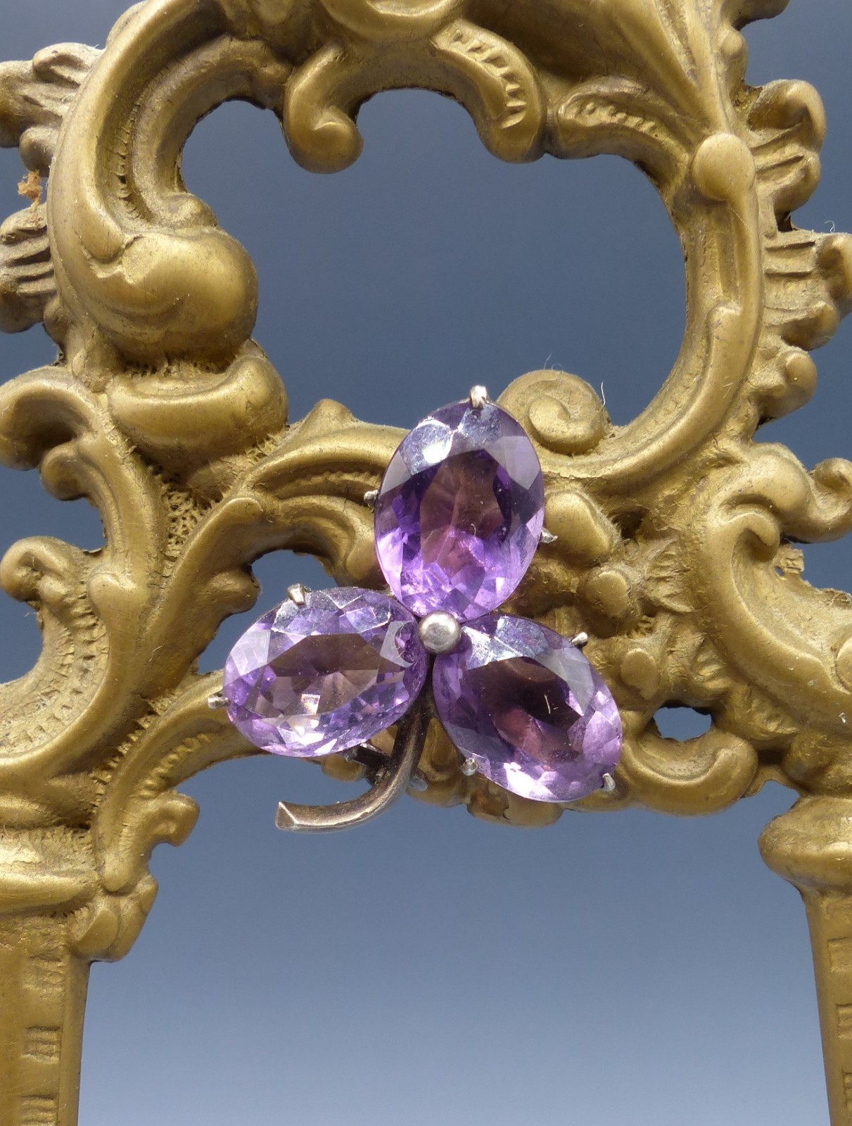 Antique Solid Silver and Amethyst Clover Brooch -… - image 3