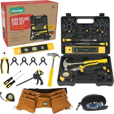Deluxe Kids Tool Set, Leather Tool Belt and Tool Box, Brown