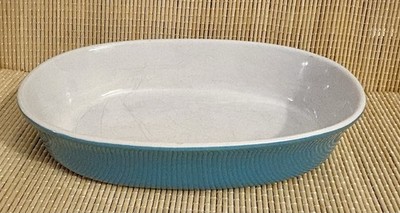 Small Oval Stoneware Baker Dish Aqua Blue Green Glazed Farmhouse Decor 7 1/2 