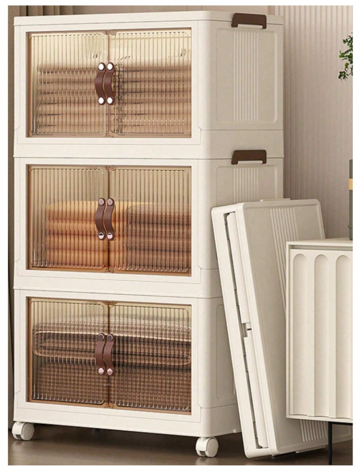 3-Tier Stackable Storage Box With Lid And Wheels,Foldable Wardrobe Organizer-FGQ