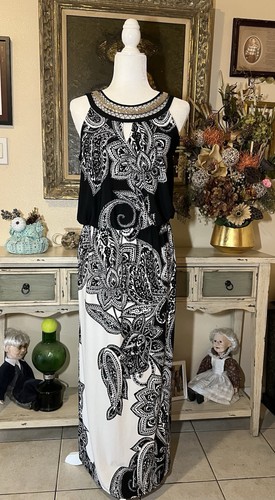 Established 1962 Long Sleeveless Sequence, Round Collar, Dress, Black/Whte Prin