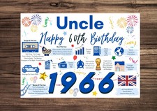 UNCLE Happy 60th Birthday Card 1966 Year of Birth Facts Greetings Blue Him