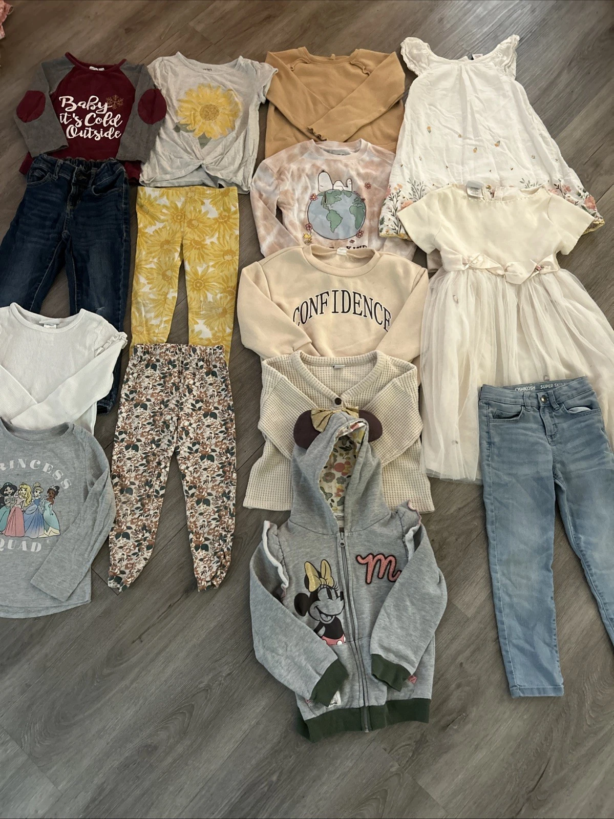 Girls Size 5 Clothing Lot, 15 Items, Minnie Mouse, Disney, Peanuts, Rose Cottage