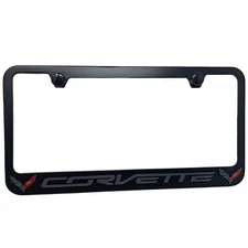 C7 Corvette Black License Plate Frame with Black C7 Crossed Flags Logo