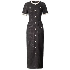 Sexy Women Round Neck Short Sleeve Sequin Button Slimming Fit A-line Party Dress