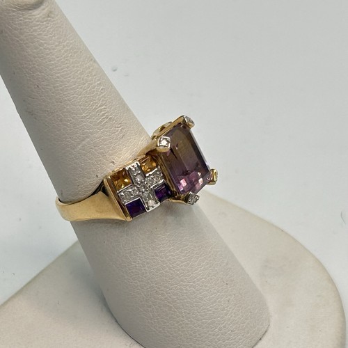 10k Solid Yellow Gold SZ 8 Amethyst Citrine Diamond Cocktail Statement Ring 4.2G - Picture 2 of 8