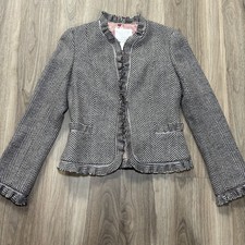 Rebecca Taylor Gray Taupe-Pink Herringbone Tweed Ruffle Wool Blazer Jacket Sz 4
