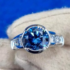 3.50Ct Round Lab Created Blue Sapphire Women Engagement Ring 925 Sterling Silver