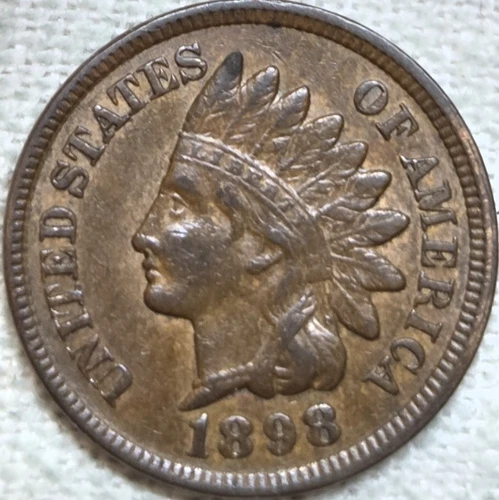 1898 Indian Cent XF+ or AU. Almost 4 Full Diamonds. True Auction.