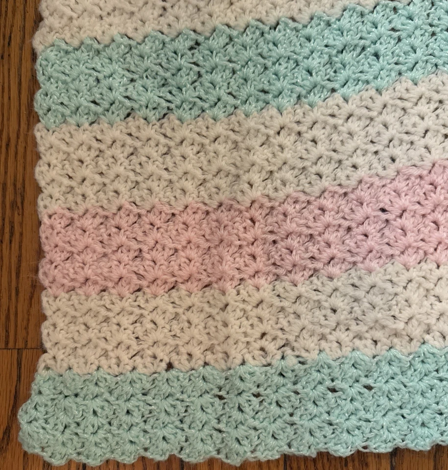 Crochet/Knit Baby BlanketAFGHAN Striped 42” x 40.5”Pastel Pink White And Green - Image 3 of 4