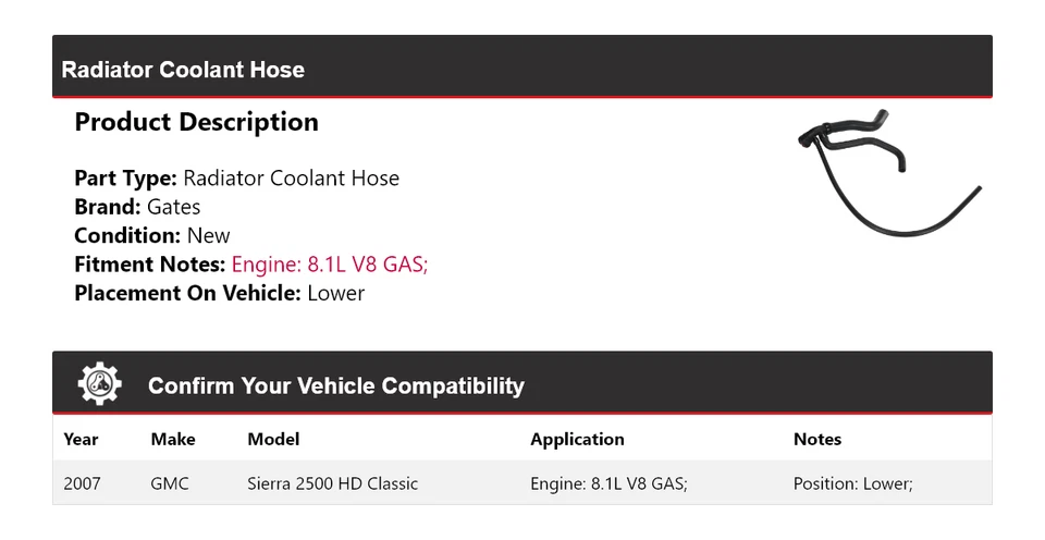 Manguera de refrigerante de radiador clásica para GMC Sierra 2500 HD 2007 puertas inferiores Foto 2 de 4