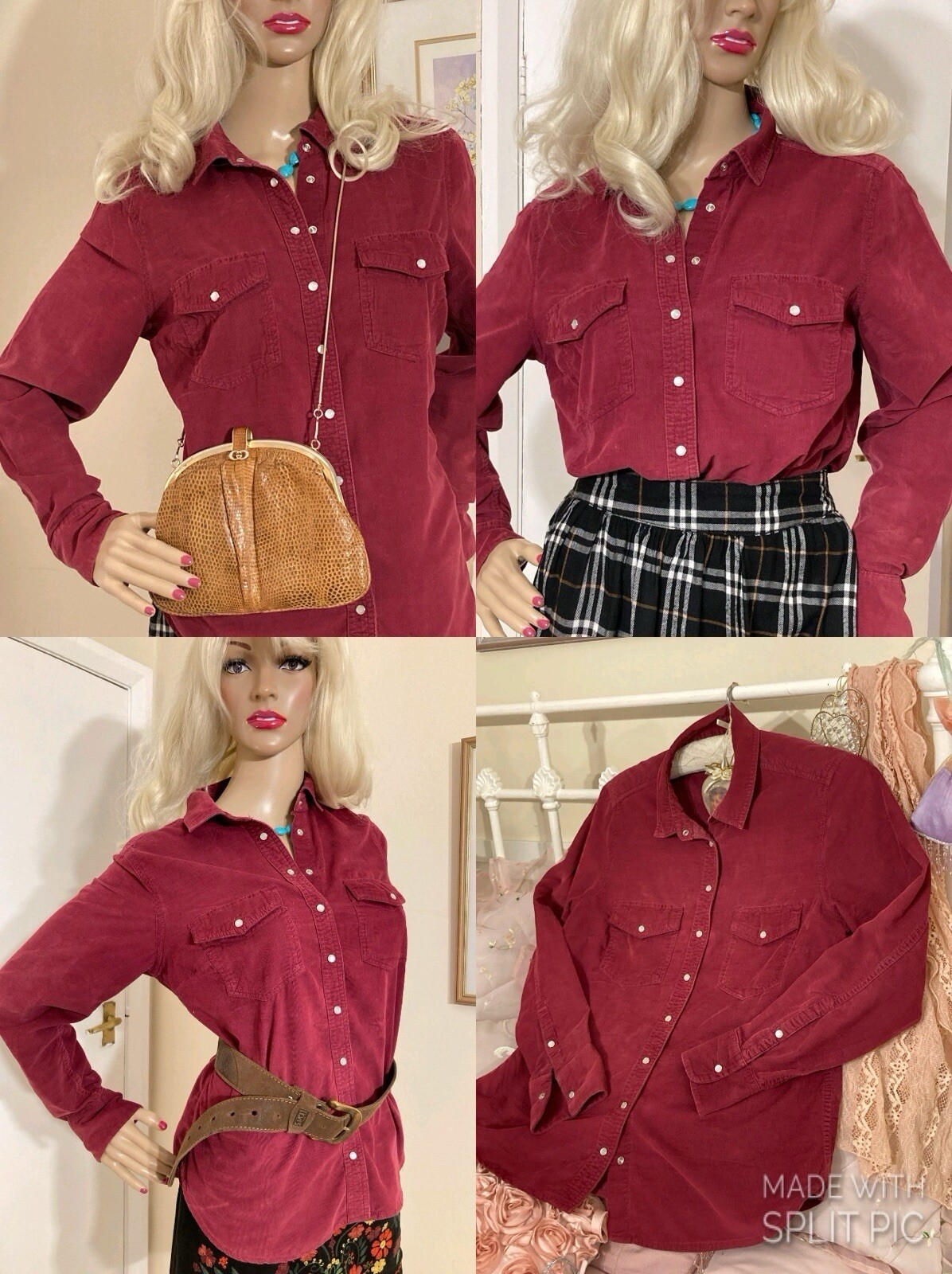 Vintage Pearl Snap Western Cowboy Shirt Needle Cord Blouse Per Una