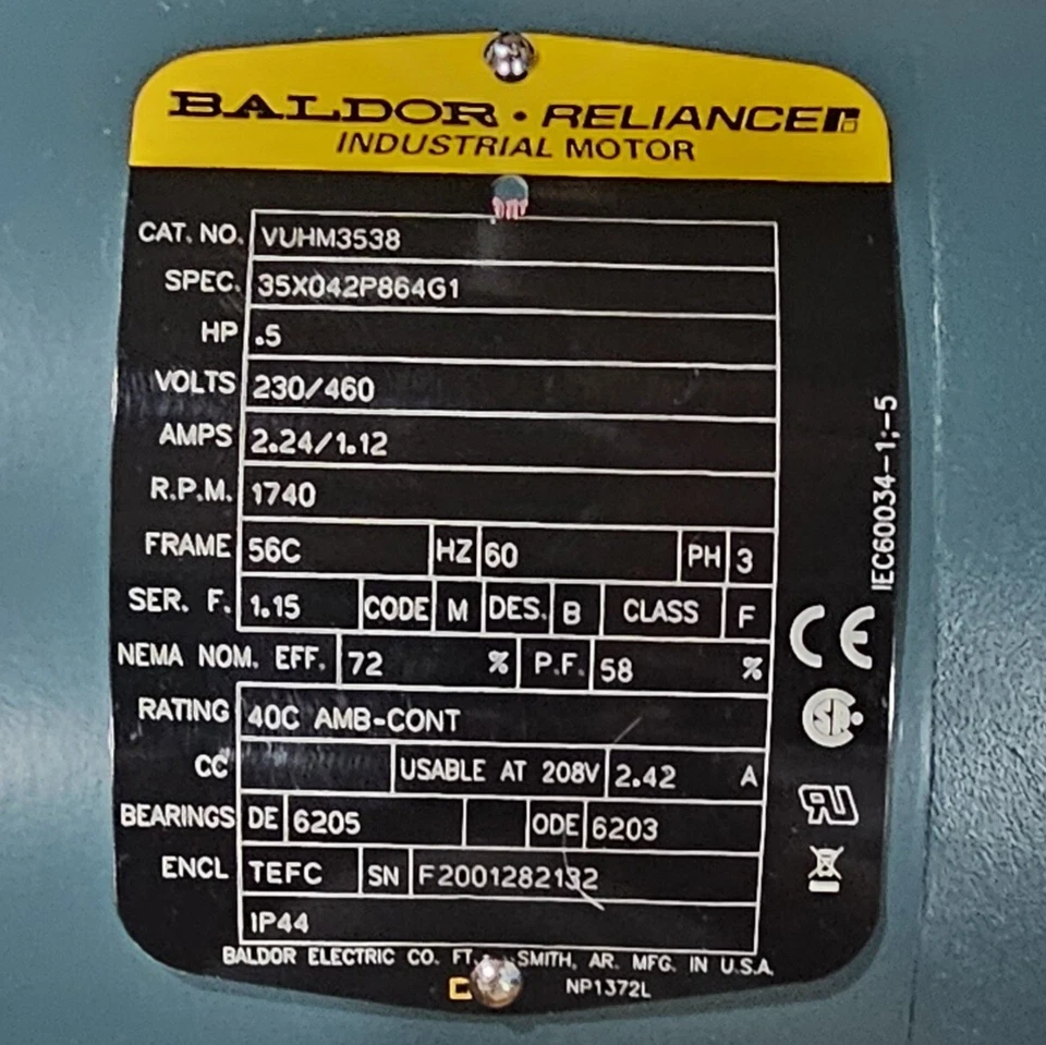 NEW, Baldor VUHM3538 .5 Hp 1740 Rpm 3Ph 60Hz 56C TEFC Industrial Motor - Image 4 of 4