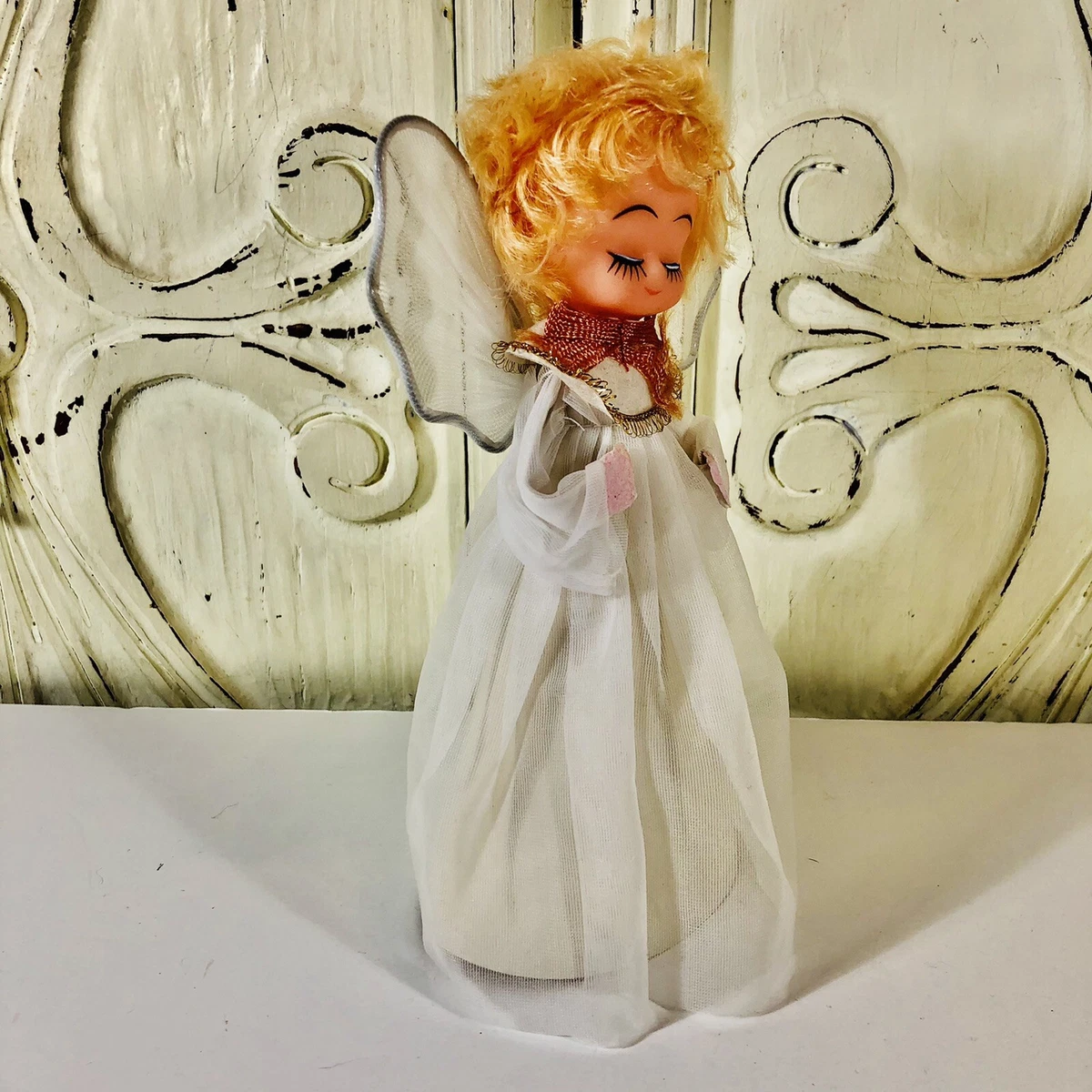 Vintage Angel Christmas Tree Topper White Wings Blonde Hair Peach