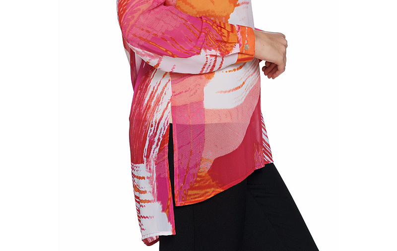Susan Graver Printed Sheer Chiffon Shirt with Hi-Low Hem Susan Graver Printed Sheer Chiffon Shirt with Hi-Low Hem