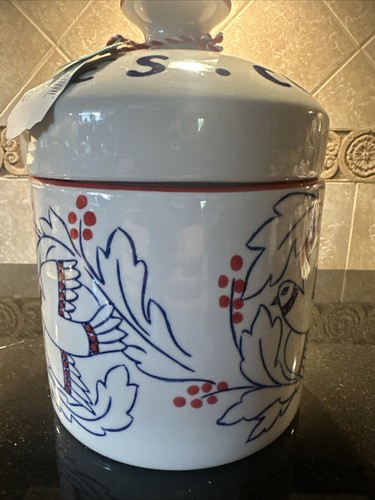 Contenitore biscotti Molly Hatch FLOURISH barattolo uccellino rosso bianco blu NUOVO Anthropologie? - Foto 3 di 9