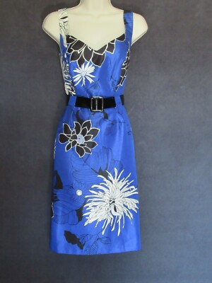 Sheri Martin Royal Blue Black White Floral Sleeveless Shiny Belted Sheath  Dress | eBay