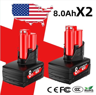 2PACK 12V 8.0Ah Li-Ion Battery For Milwaukee For M12 Extended Capacity Battery