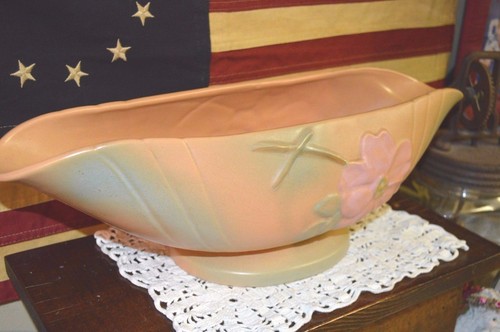 HUGE 17.5" ANTIQUE Weller Pink Wild Rose Pottery CONSOLE Planter Bowl ORG LABEL - Picture 7 of 7