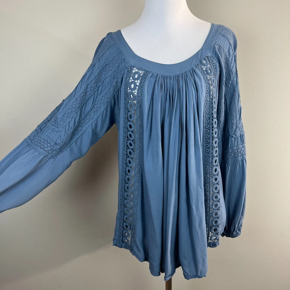 Blusa Top Tempo Paris Mujer M Azul Crochet Encaje Plisado Boho Campesino Ligera Foto 2 de 4