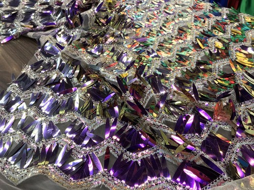 PURPLE IRIDESCENT CHEVRON DESIGN SEQUINS ON A NUDE MESH-SOLD BY THE YARD. - Picture 12 of 12