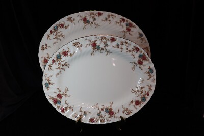 MINTON ANCESTRAL BONE CHINA WREATH BACKSTAMP GOLD TRIM FLORAL 2 PLATTERS