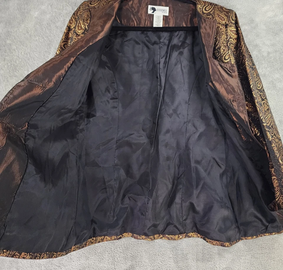 Essence 夹克女式 8 码青铜金属佩斯利纽扣前复古西装外套 — 第 3/4 张图片