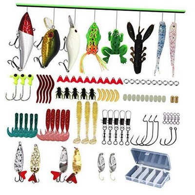  Fishing Lures Kit Set, (94Pcs) Spoon Lures, Soft Plastic Worms, Topwater Frog 