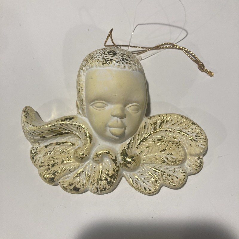 Vintage Ceramic Winged Cherub Angel White Gold Christmas Tree Ornament