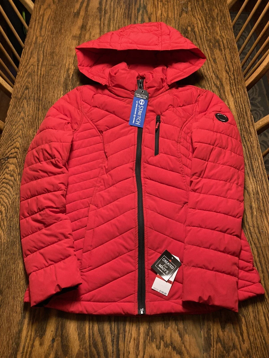 NWT Nautica Performance Women's Red Insulated Puffer Jacket XS Stretch  Hooded