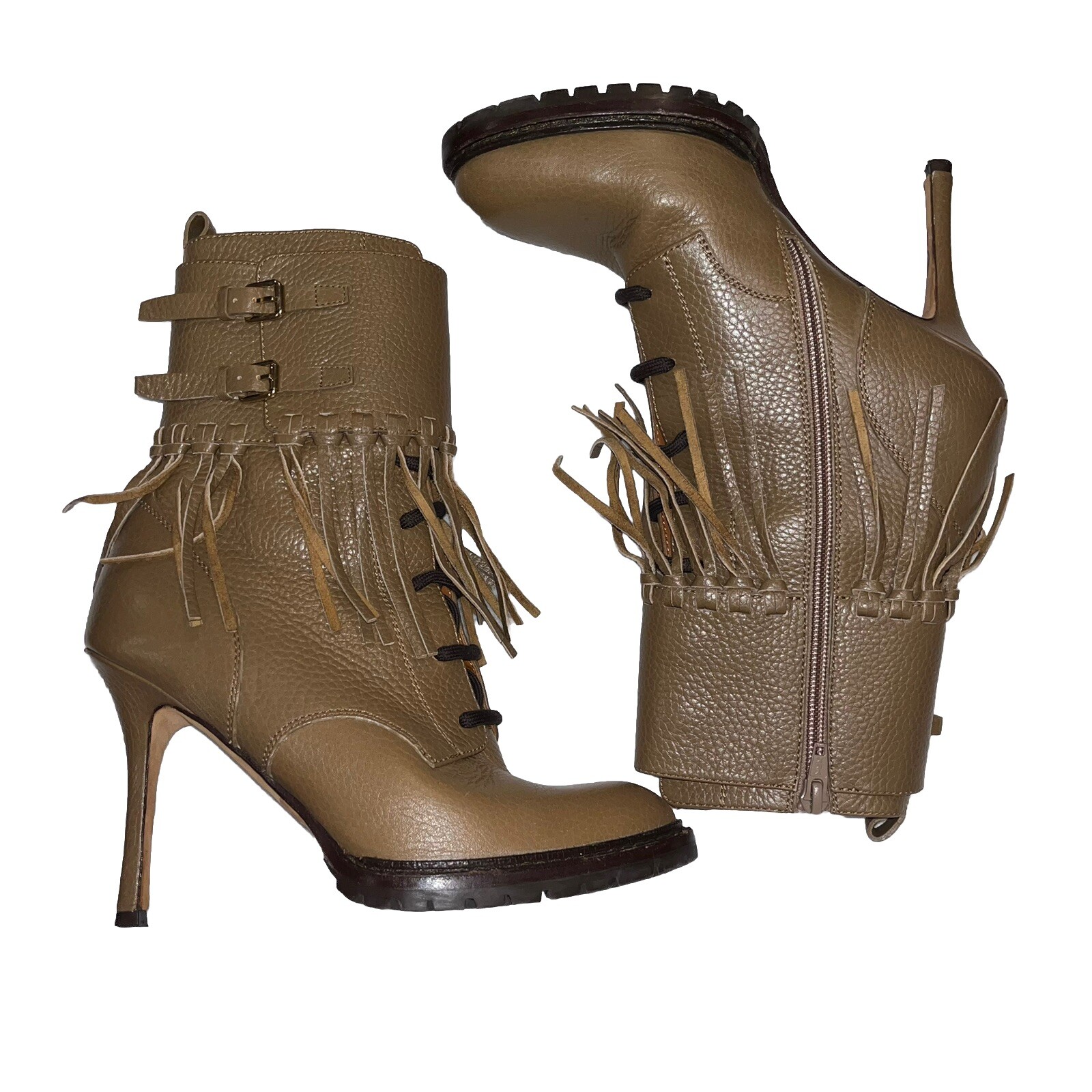 SAOLA Stivaletto VALENTINO marrone EU 37 frange pelle moto suola tacco caviglia us intime ottimeioni