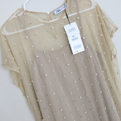 ZARA TULLE PEARL JEWEL KNIT MIDI DRESS BEIGE S NWT | eBay