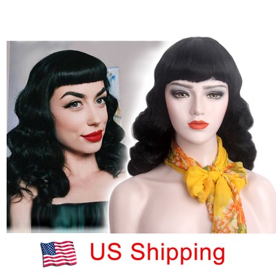 Finger Wave Wig With Betty Bangs Women Cosplay 1970s 80s Long Hair