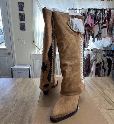 ROWE Rowena Wings Tan Suede Western Knee High Boots Star Accents US 5