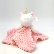 Unicorn Lovey Pink White Plush Embroidered Security Blanket 12 Inches Square