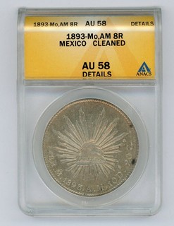 MEXICO 1893 Mo AM 8 R MEXICO CITY COIN SLABBED ANACS AU 58 DETAILS KM#377.10
