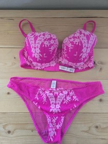 Victoria's Secret Dream Angels Lined Demi Bra 36c Matching Bottom XL Hot Pink...