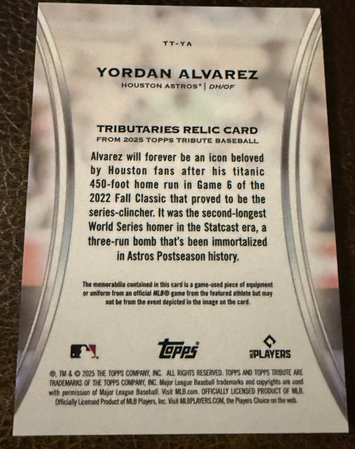 2025 Topps Tribute Yordan Alvarez Relic Game Used City Connect Jersey /75 view 2