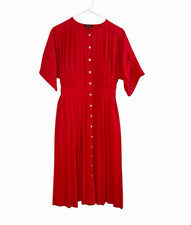 Misook Red Button Front Pleated Short Sleeve Midi Dress XS Pockets A-Line Spring