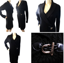 Calvin Klein Cable Knit Sweater Dress M Black Shawl Collar Buckle Old Money
