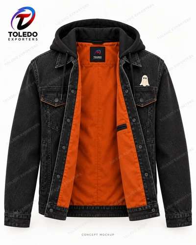 Black Hooded Ghost Denim Jacket with Orange Lining and Halloween Embroidery image 7