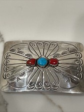 Vintage Navajo Sterling Turquoise Red Coral Handmade Belt Buckle 30g sterling