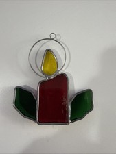 Vintage Lead Stained Glass Christmas Holiday Candle Holly Suncatcher Ornament