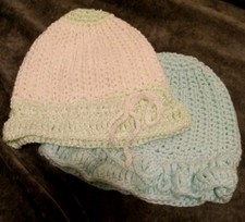 Set of 2 Hand Crocheted 3M-9M Baby Mint Green And White Beanie Caps